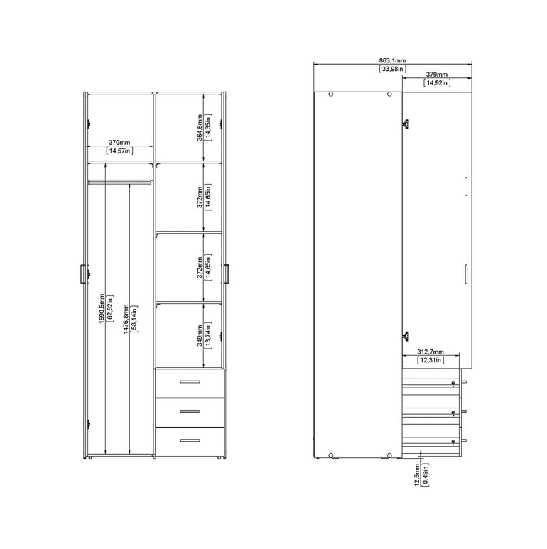 Space Wardrobe - 2 Doors 3 Drawers in White 2000