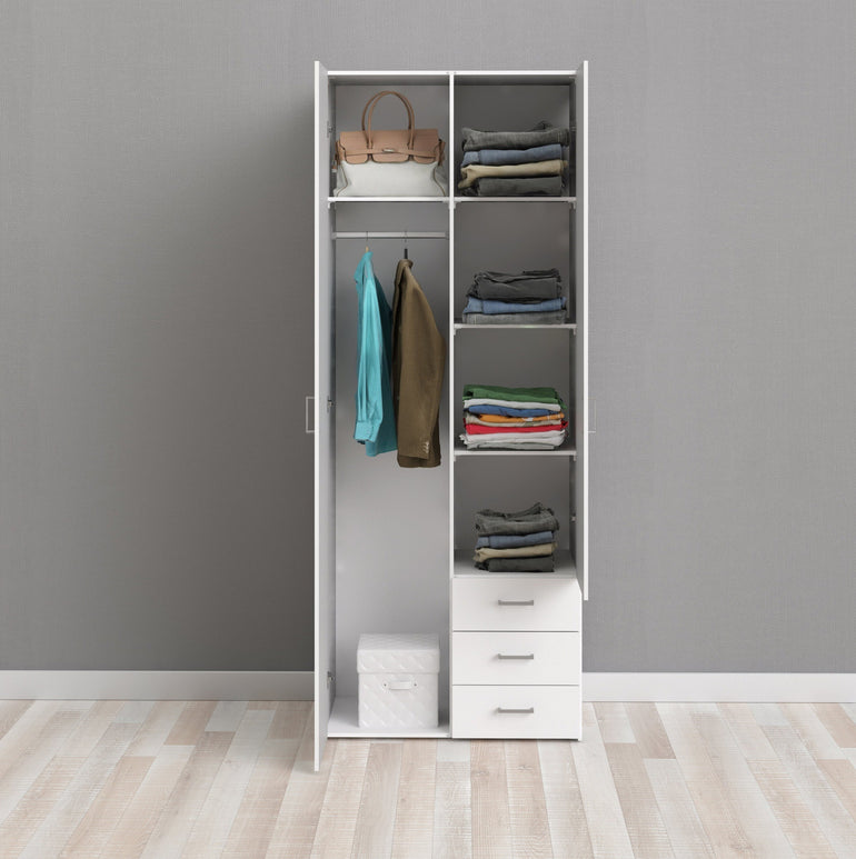 Space Wardrobe - 2 Doors 3 Drawers in White 2000