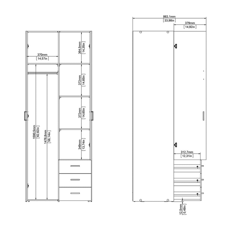 Space Wardrobe - 2 Doors 3 Drawers in Oak 2000