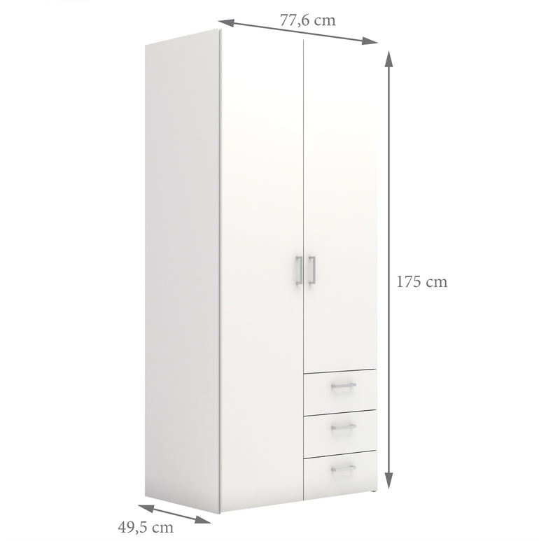 Space Wardrobe with 2 doors + 3 drawers White 1750