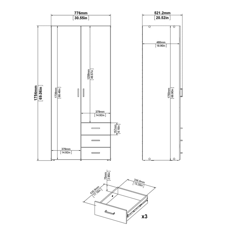 Space Wardrobe with 2 doors + 3 drawers White 1750