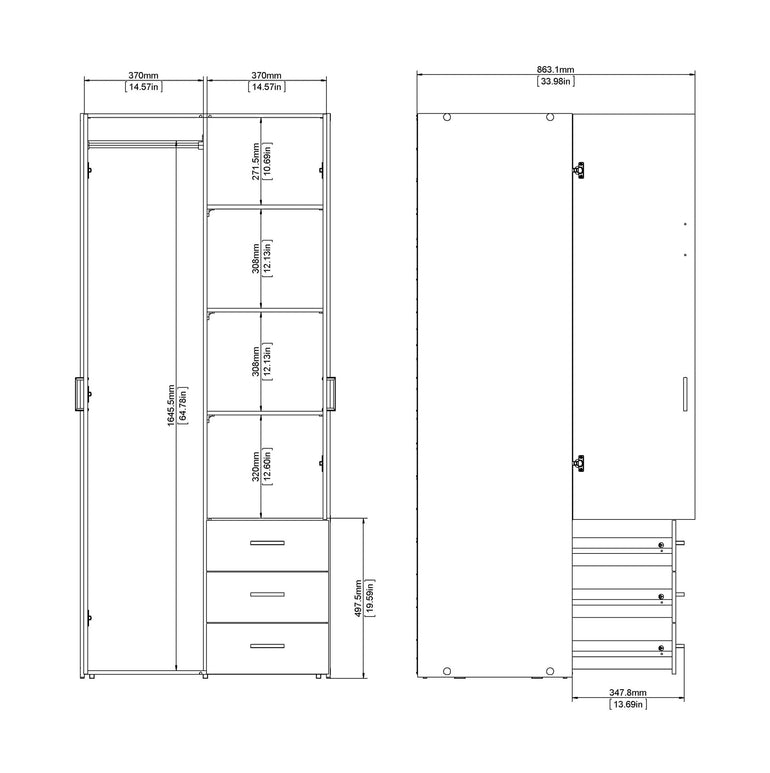 Space Wardrobe with 2 doors + 3 drawers White 1750