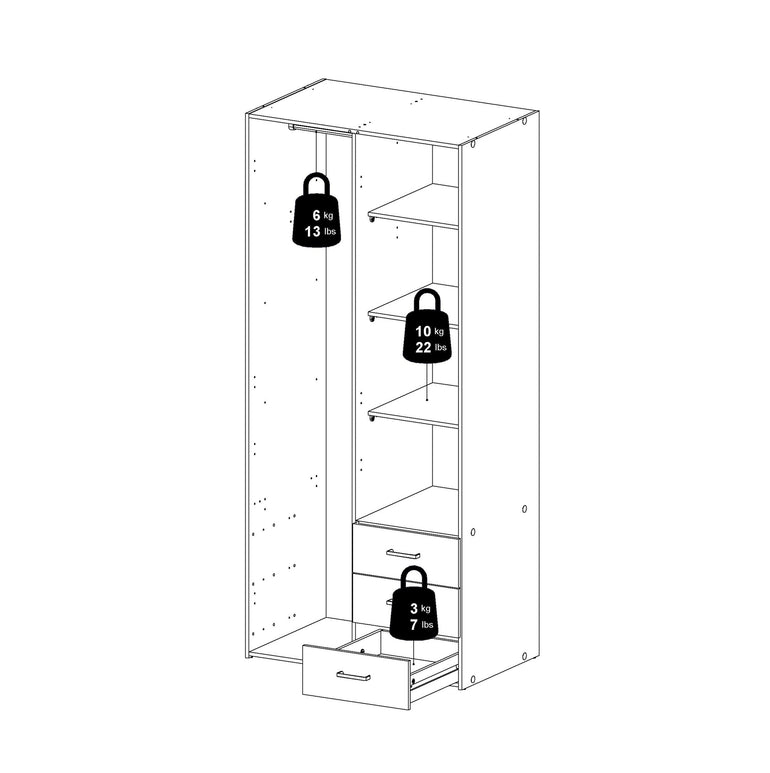 Space Wardrobe with 2 doors + 3 drawers White 1750