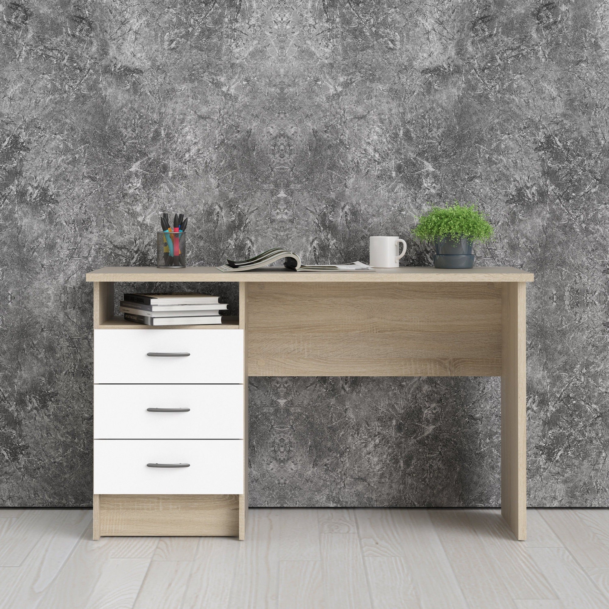 Utility Max Oak Desk 3 White Drawers