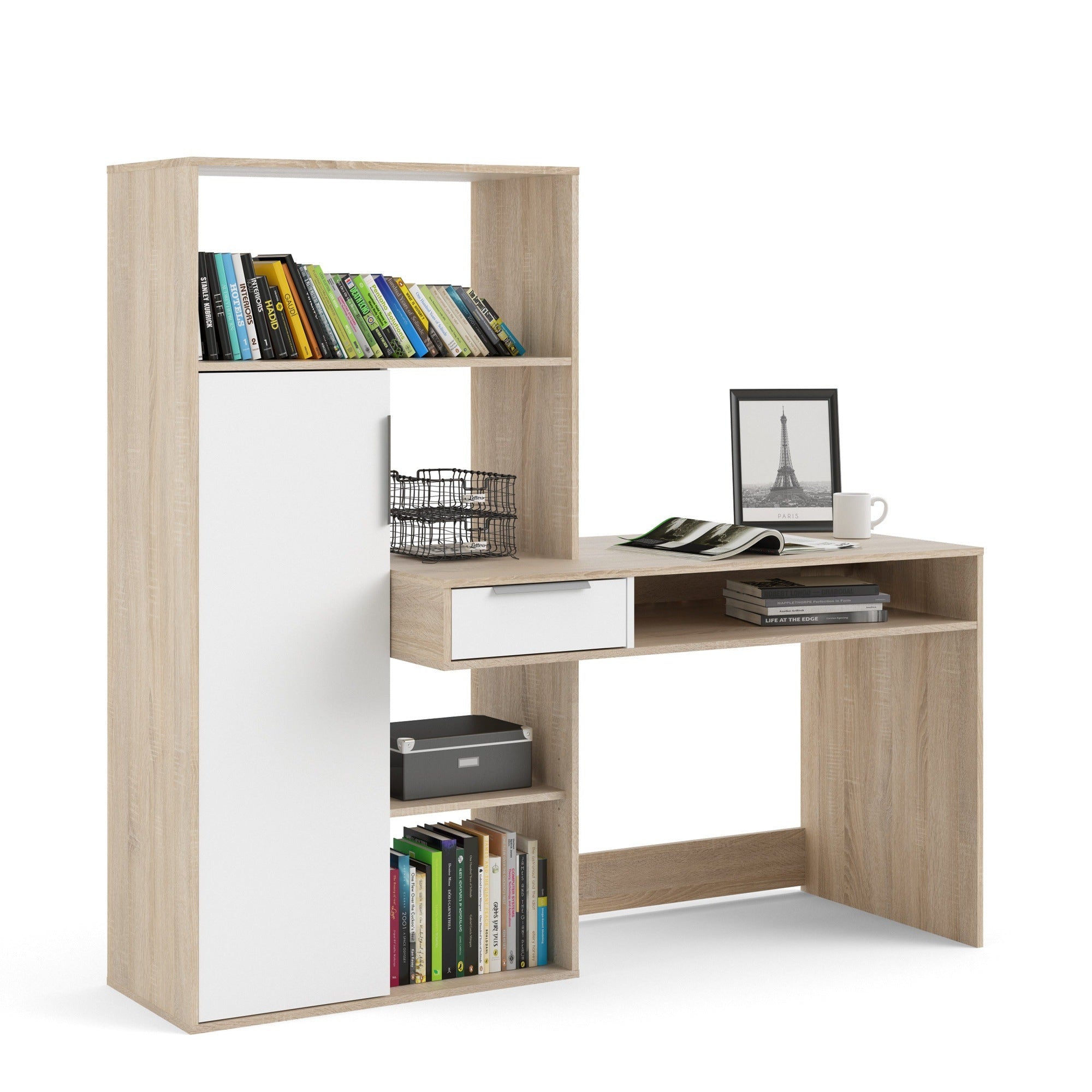 Utility Max Desk multi-functional Desk with Drawer and 1 Door in White and Oak