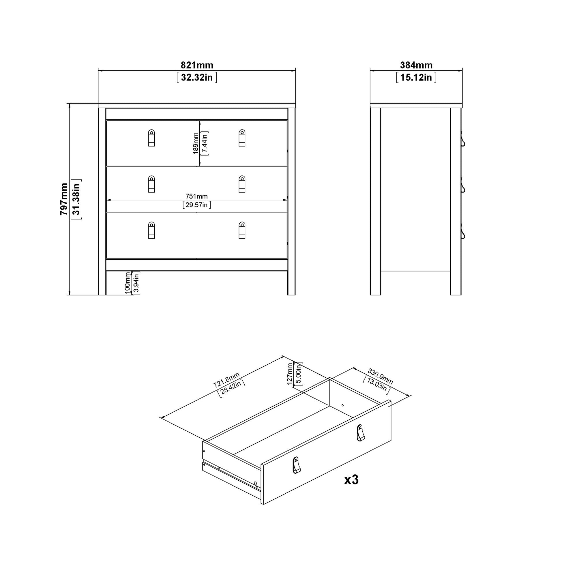 Valencia Chest 3 drawers in Matt Black