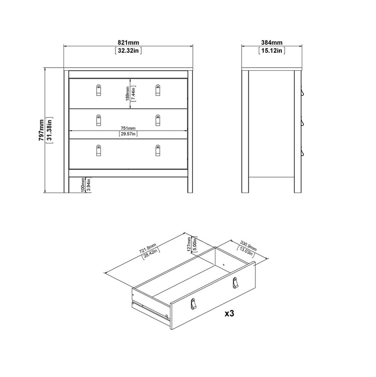 Valencia Chest 3 drawers in Matt Black