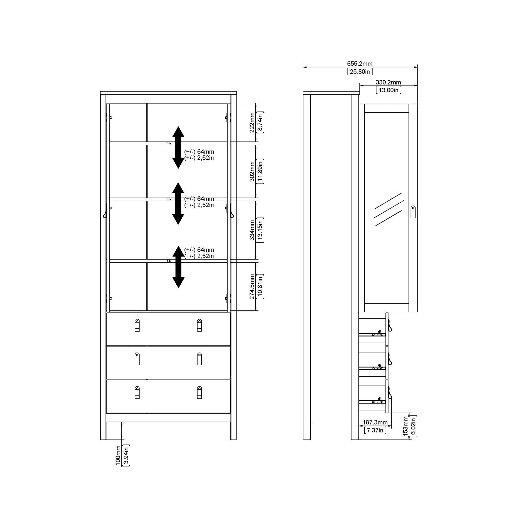 Valencia China cabinet 2 doors w/glass + 3 drawers in White