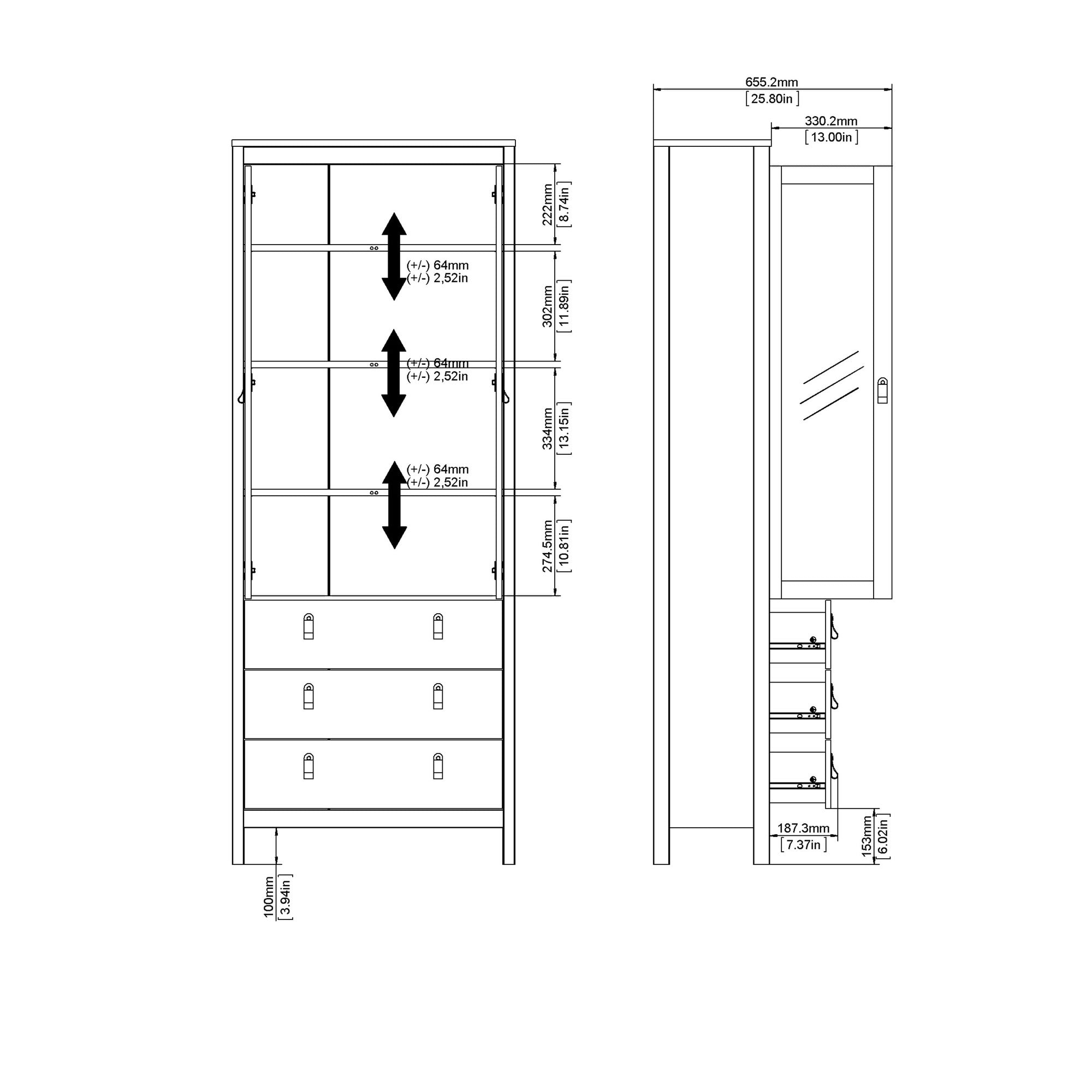 Valencia China cabinet 2 doors w/glass + 3 drawers in Matt Black