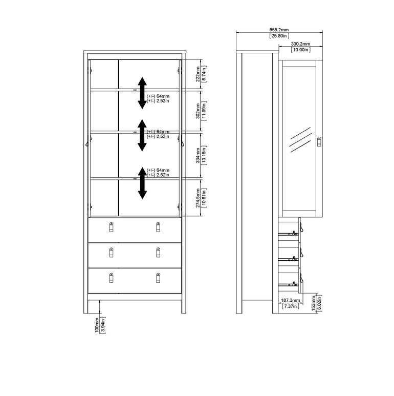 Valencia China cabinet 2 doors w/glass + 3 drawers in Matt Black