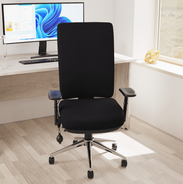 Chiro High Back Task Operator Office Chair - 24hr Usage, Adjustable Lumbar Support, Chrome Metal Frame, 150kg Capacity, Flat Packed (700x700x1080mm)