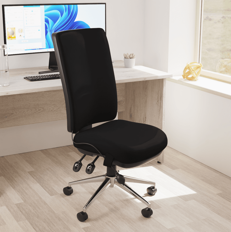 Chiro High Back Task Operator Office Chair - 24hr Usage, Adjustable Lumbar Support, Chrome Metal Frame, 150kg Capacity, Flat Packed (700x700x1080mm)