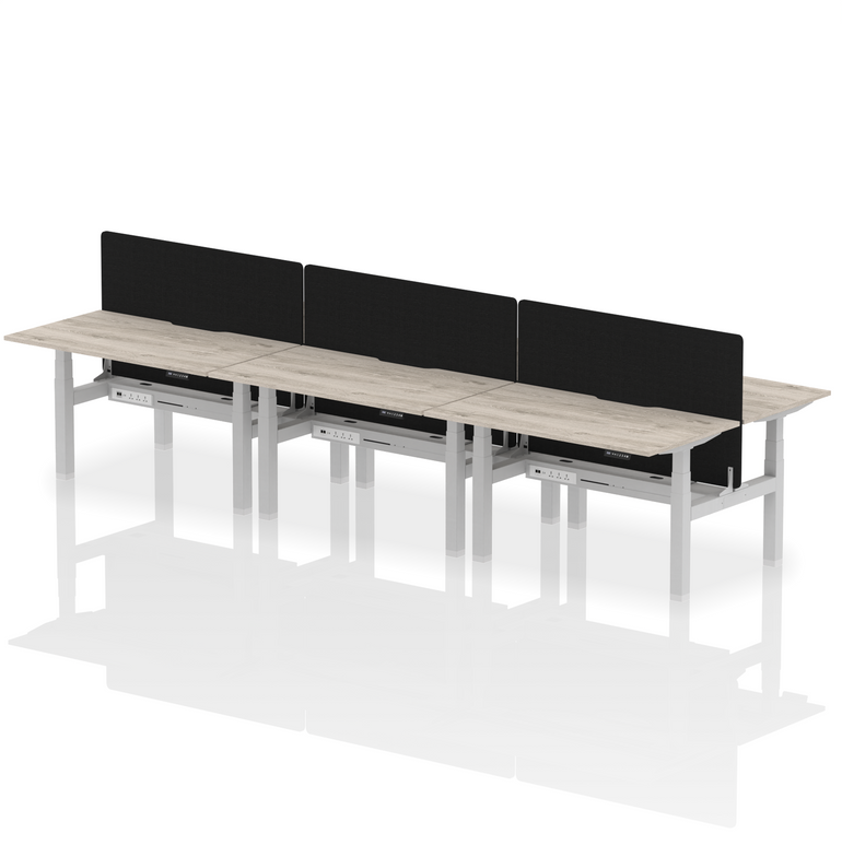 Air Back-to-Back Scalloped Edge Height Adjustable Bench Desk - 6 Person with Black Straight Screen