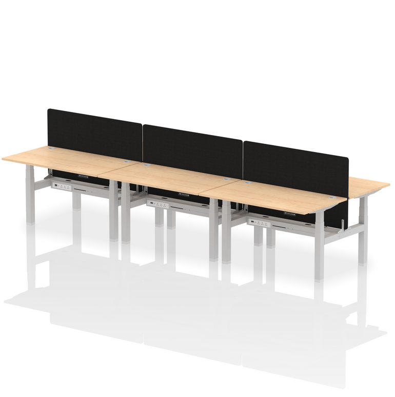 Air Back-to-Back Height Adjustable Bench Desk - 6 Person with Black Straight Screen