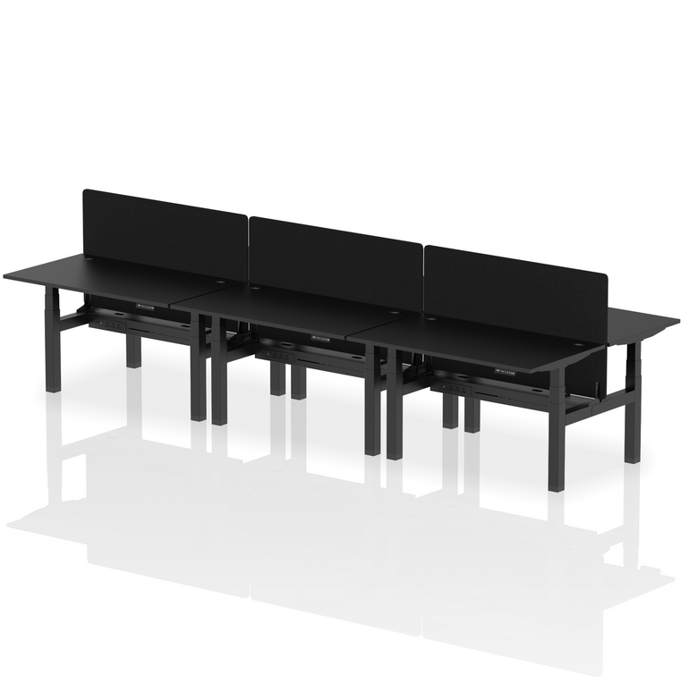 Air Back-to-Back Height Adjustable Bench Desk - 6 Person with Black Straight Screen