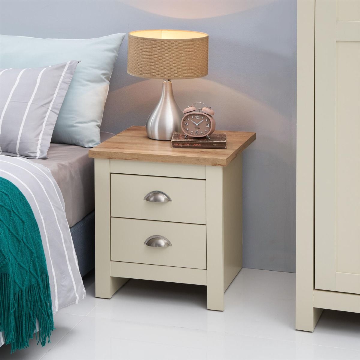 Lando Series 2 Piece Bedroom Set - Cream 2 Door Wooden Wardrobe and 2 Drawer Wooden Bedside Table with Oak Effect Top and Elegant Steel Handles and Runners