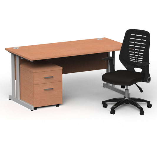 Impulse 1600mm Cantilever Straight Desk & Mobile Pedestal with Relay Black Back Operator Chair - MFC Material, 5-Year Furniture Guarantee