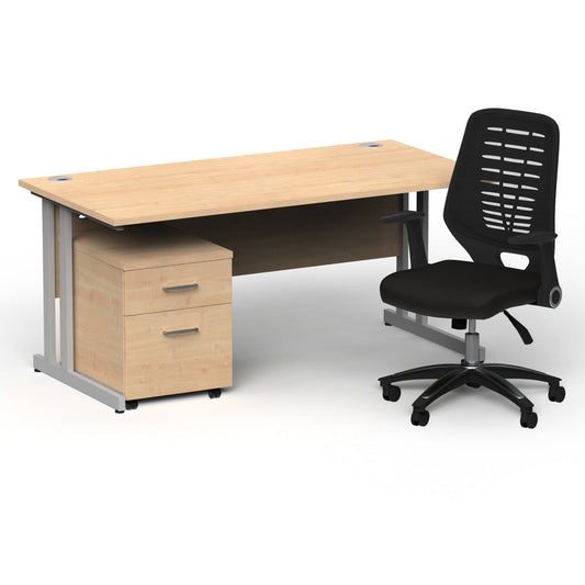 Impulse 1600mm Cantilever Straight Desk & Mobile Pedestal with Relay Black Back Operator Chair - MFC Material, 5-Year Furniture Guarantee