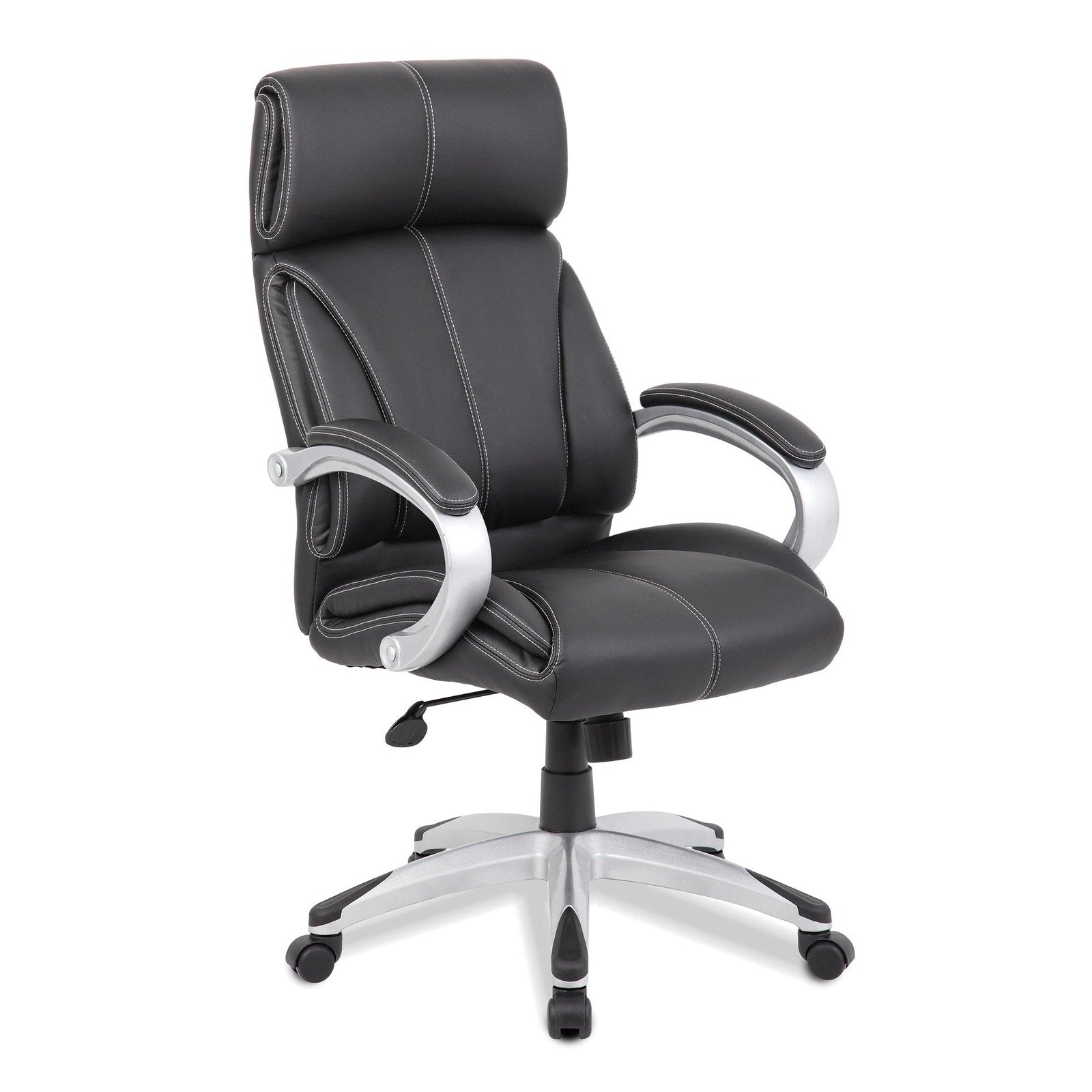 High Back Leather Faced Manager Chair with Satin Silver Finish to Armrests and Base - Black - Office Products Online