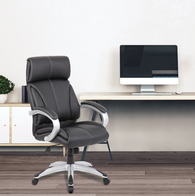 High Back Leather Faced Manager Chair with Satin Silver Finish to Armrests and Base - Black - Office Products Online