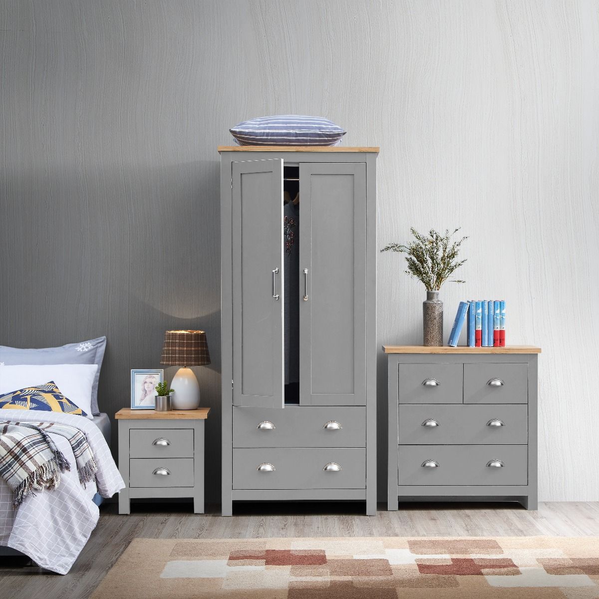 Lisbon 3 Piece Bedroom Set Door Wardrobe, 2+2 Chest & 2 Drawer Bedside allhomely