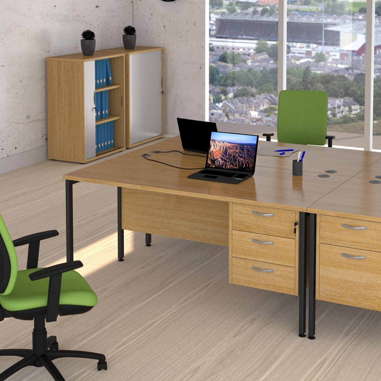 Maestro 25 H-Frame leg straight desk 800 deep with 2 and 3 drawer pedestals - Office Products Online