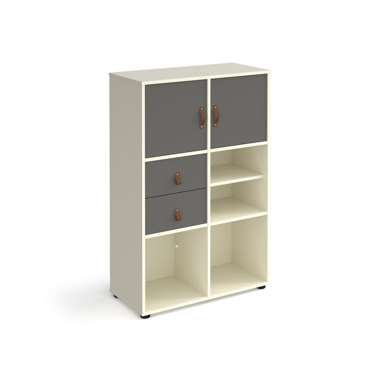 Universal cube storage unit 1295mm high on glides with matching shelf, 2 cupboards and drawers - Office Products Online