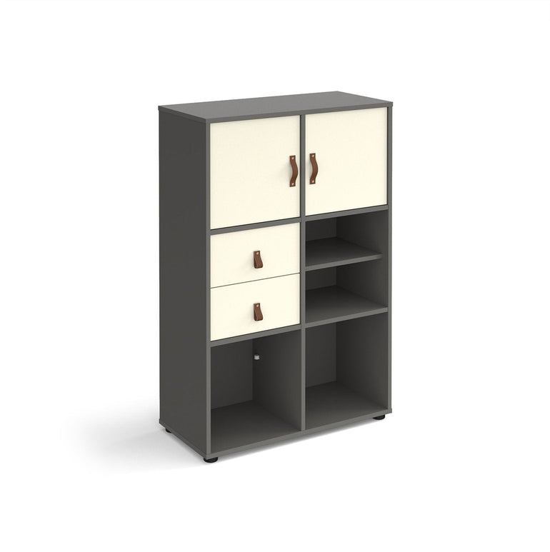 Universal cube storage unit 1295mm high on glides with matching shelf, 2 cupboards and drawers - Office Products Online